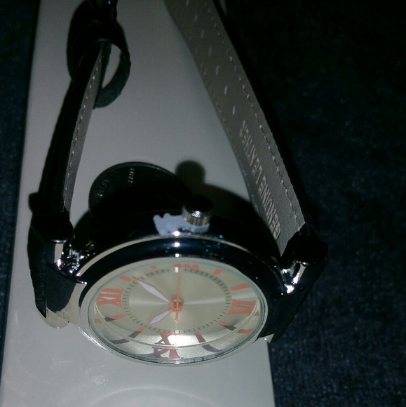 Circle Rose Gold Silver Black Leather Watch Band - Picture 2 of 8